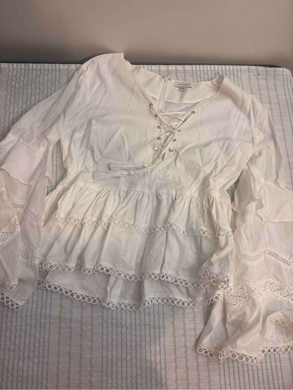 Stellah Cream Lace-Up Tiered Eyelet Tunic .Boston Proper